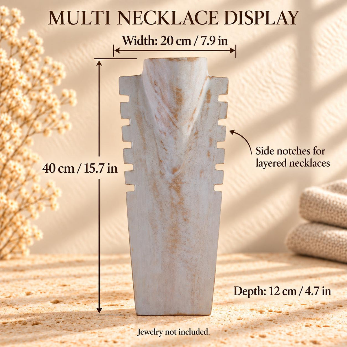 Multi Necklace Display Bust, Whitewash Wood, 15.7 in / 40 cm – Notched Jewelry Stand