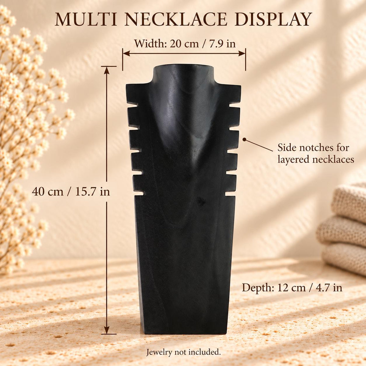 Multi Necklace Display Bust, Black Wood, 15.7 in / 40 cm – Notched Jewelry Stand