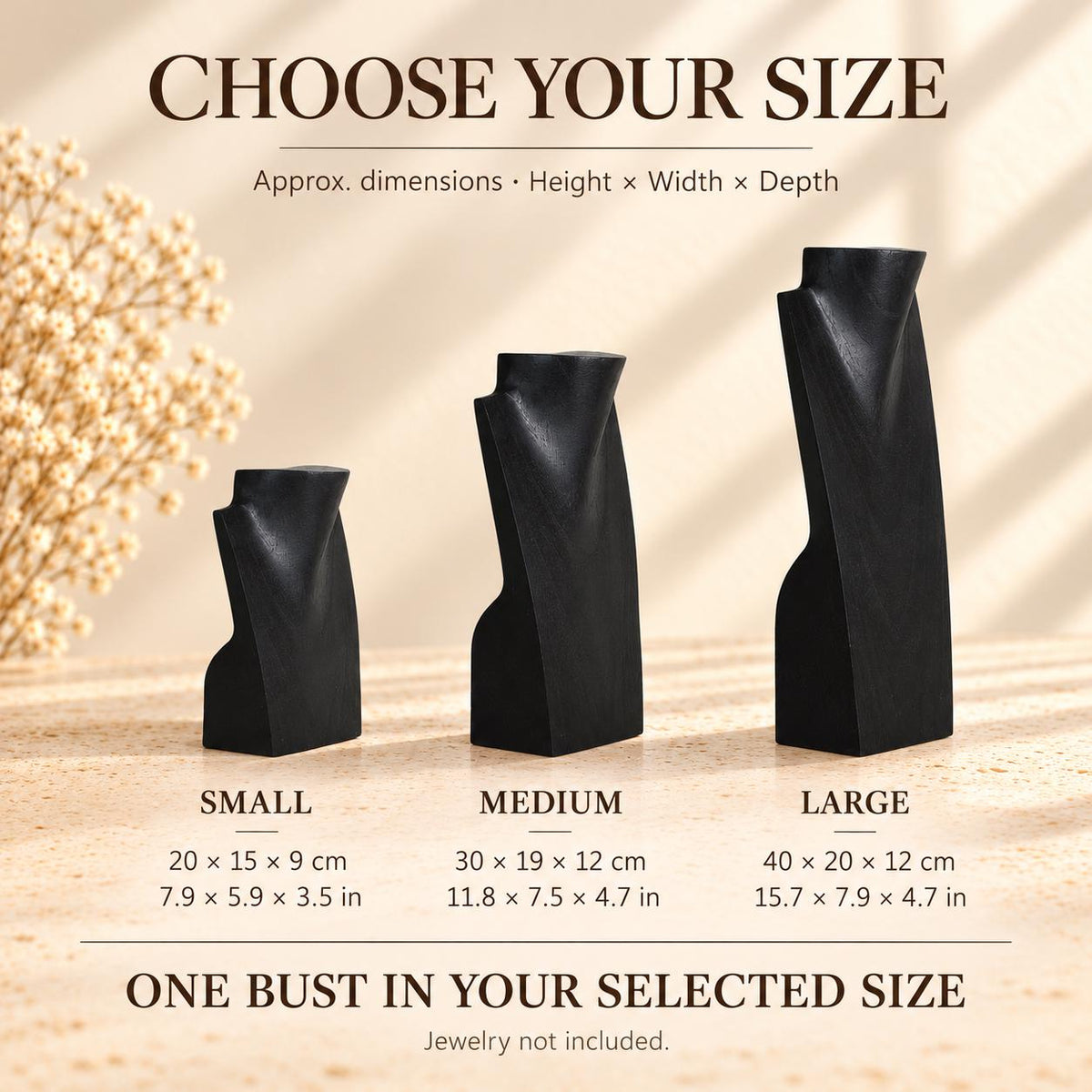 Wooden Necklace Display Bust, Black – Choose 20, 30 or 40 cm / 8, 12 or 16 in