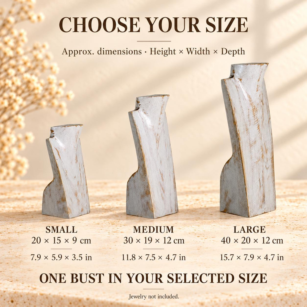Wooden Necklace Display Bust, Whitewash – Choose 20, 30 or 40 cm / 8, 12 or 16 in