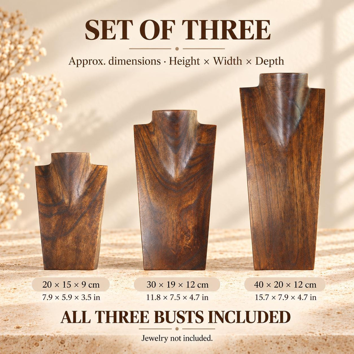 Set of 3 Wooden Necklace Display Busts, Dark Brown – 8/12/16 in (20/30/40 cm)