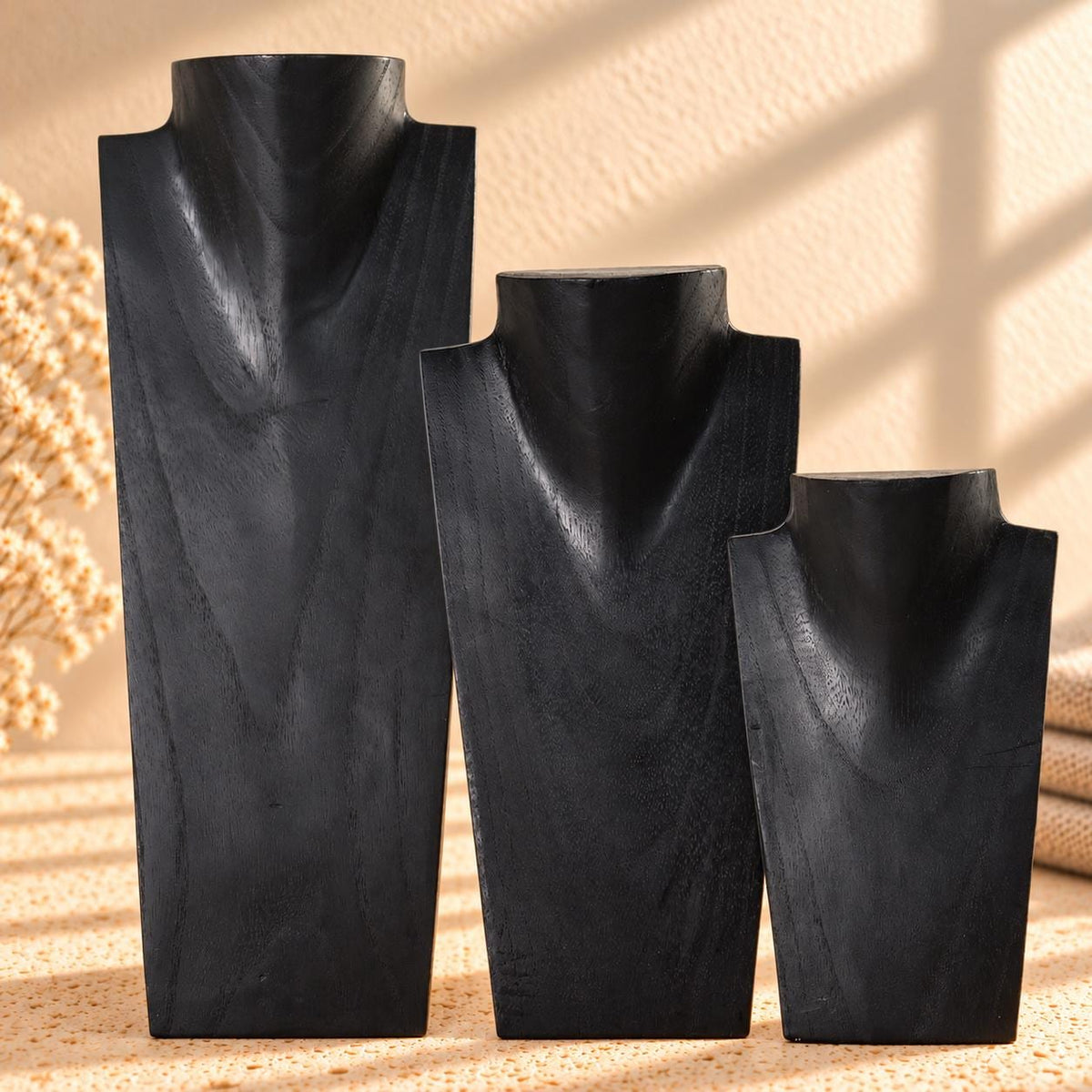 Set of 3 Wooden Necklace Display Busts, Black – 8/12/16 in (20/30/40 cm)