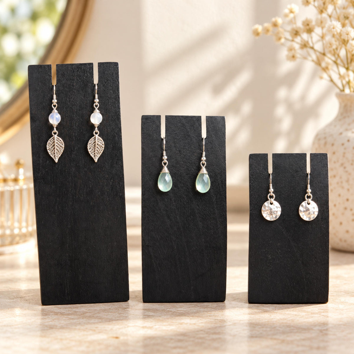 5-Piece Wooden Jewelry Display Set, Black – Bracelet Stand, Ring Hand & 3 Earring Holders