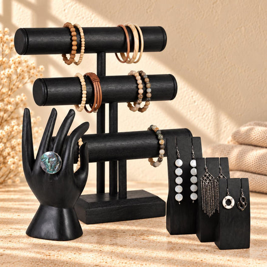 5-Piece Wooden Jewelry Display Set, Black – Bracelet Stand, Ring Hand & 3 Earring Holders