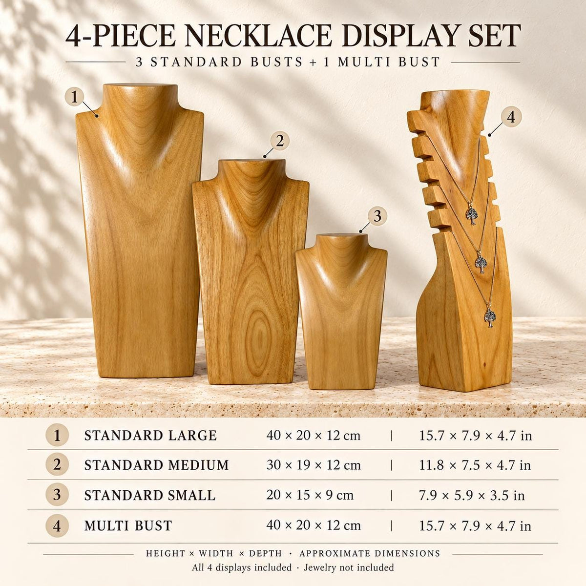 4-Piece Wooden Necklace Display Set, Natural Wood – 20/30/40 cm Busts + 40 cm Multi Necklace Holder