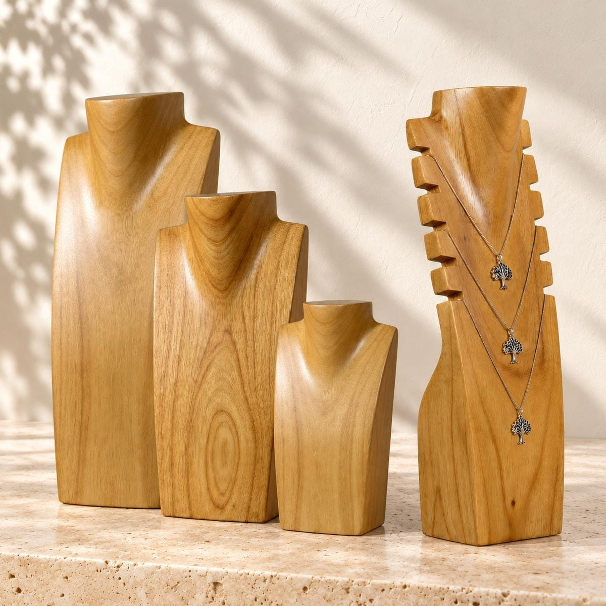 4-Piece Wooden Necklace Display Set, Natural Wood – 20/30/40 cm Busts + 40 cm Multi Necklace Holder