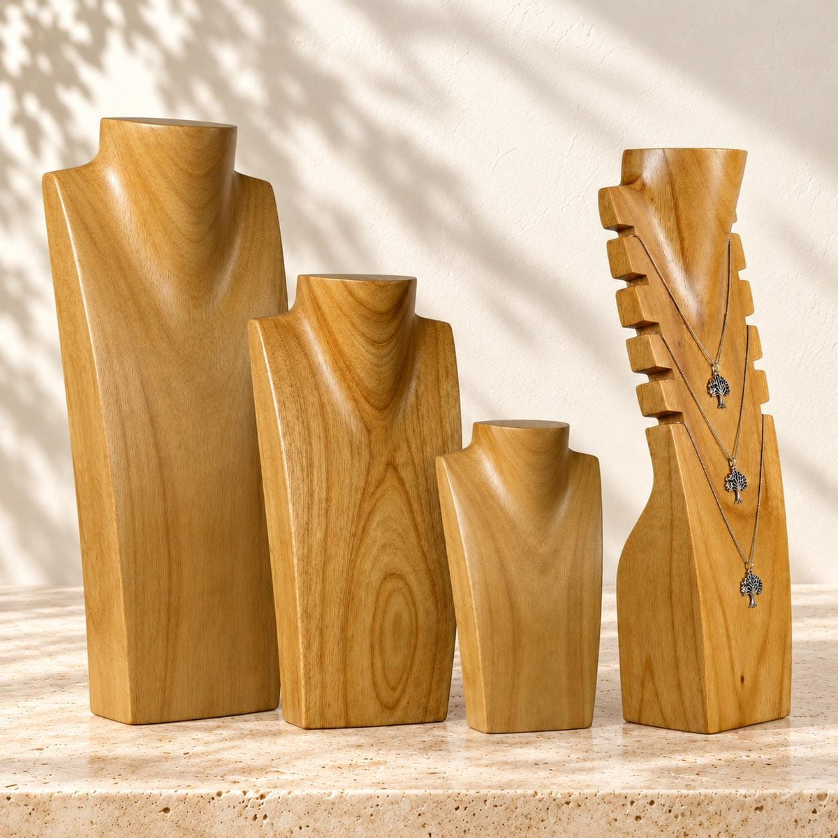 4-Piece Wooden Necklace Display Set, Natural Wood – 20/30/40 cm Busts + 40 cm Multi Necklace Holder