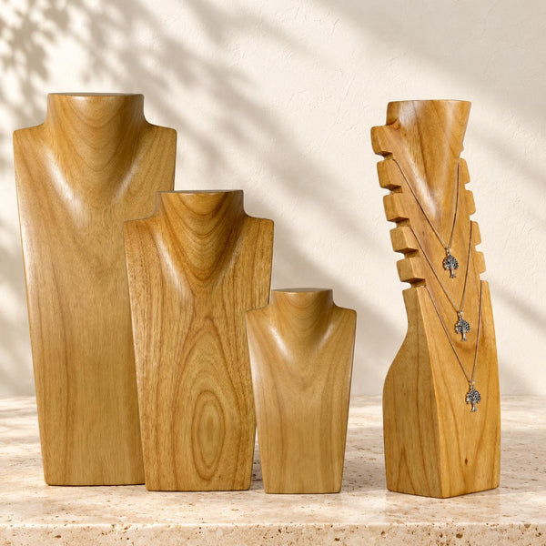 4-Piece Wooden Necklace Display Set, Natural Wood – 20/30/40 cm Busts + 40 cm Multi Necklace Holder