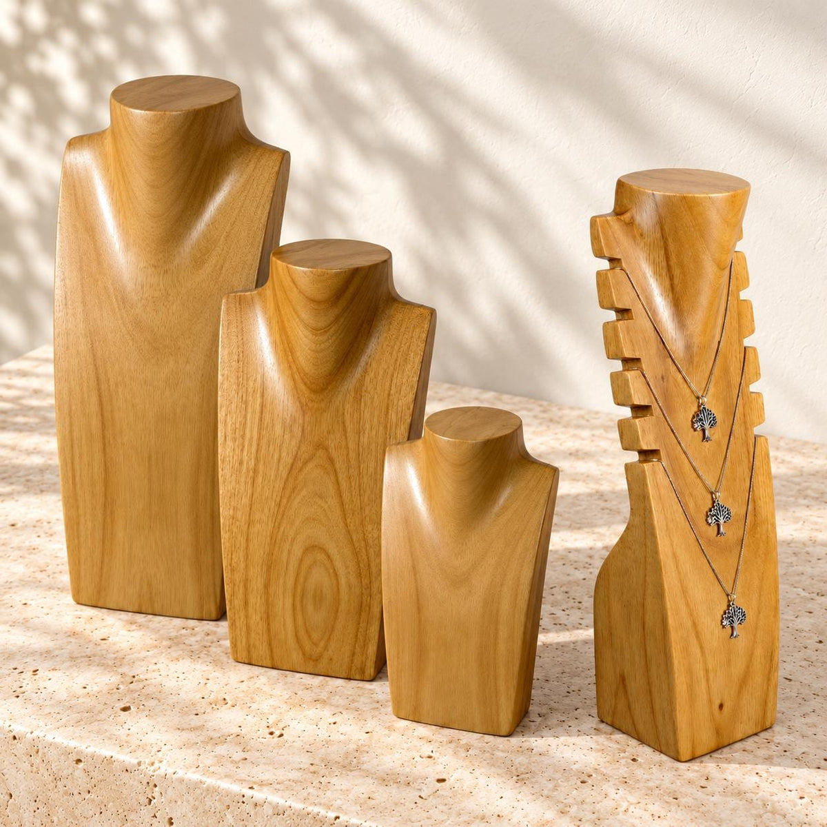 4-Piece Wooden Necklace Display Set, Natural Wood – 20/30/40 cm Busts + 40 cm Multi Necklace Holder