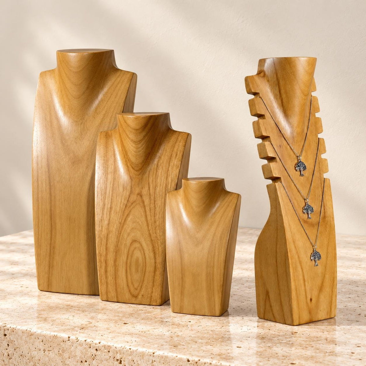 4-Piece Wooden Necklace Display Set, Natural Wood – 20/30/40 cm Busts + 40 cm Multi Necklace Holder