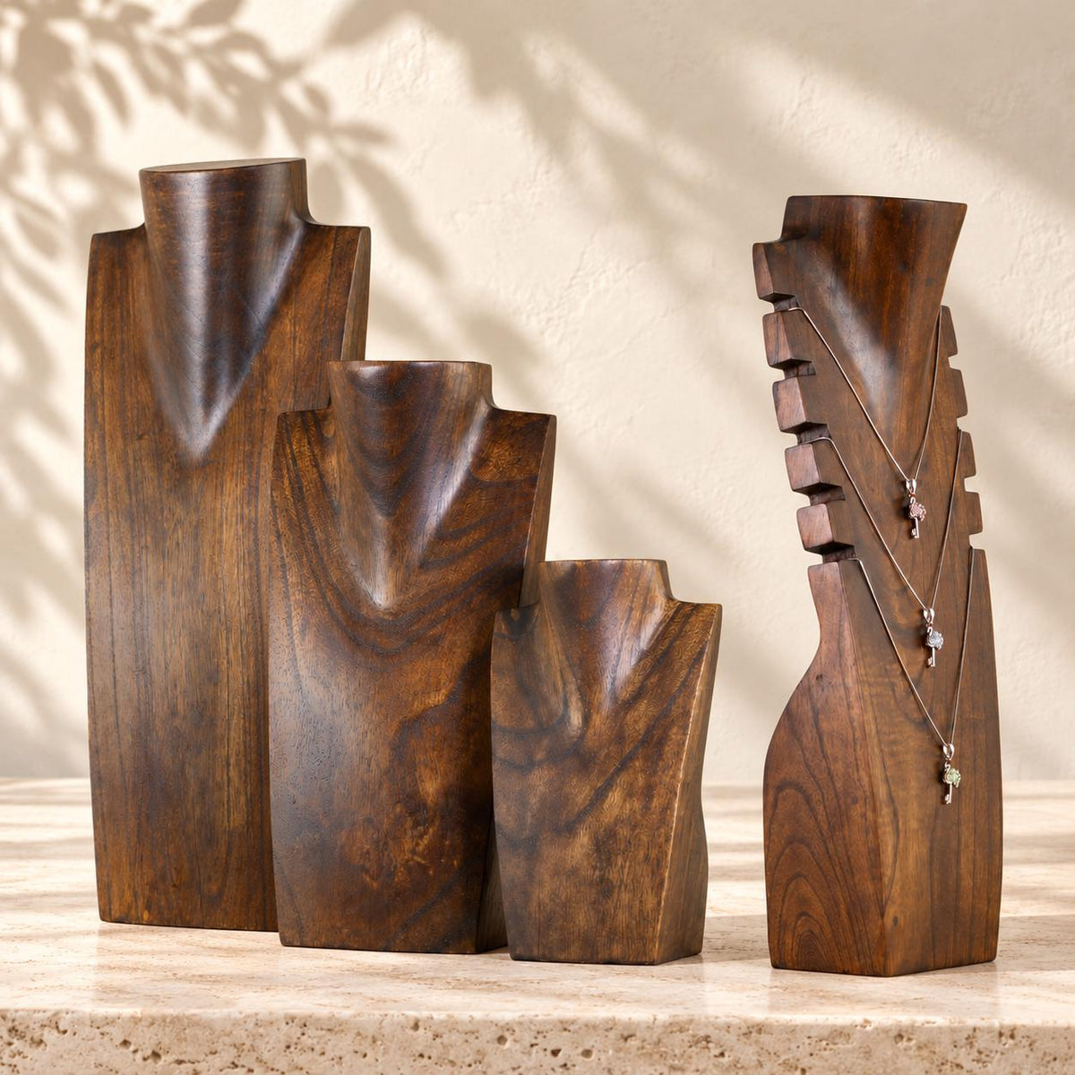 4-Piece Wooden Necklace Display Set, Dark Brown – 20/30/40 cm Busts + 40 cm Multi Necklace Holder