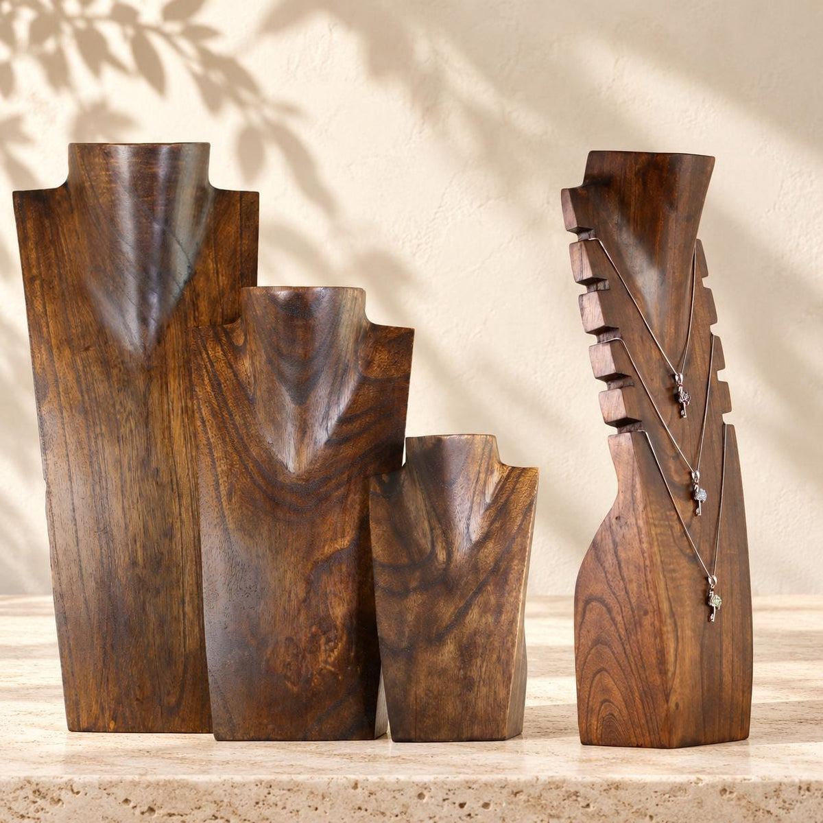 4-Piece Wooden Necklace Display Set, Dark Brown – 20/30/40 cm Busts + 40 cm Multi Necklace Holder
