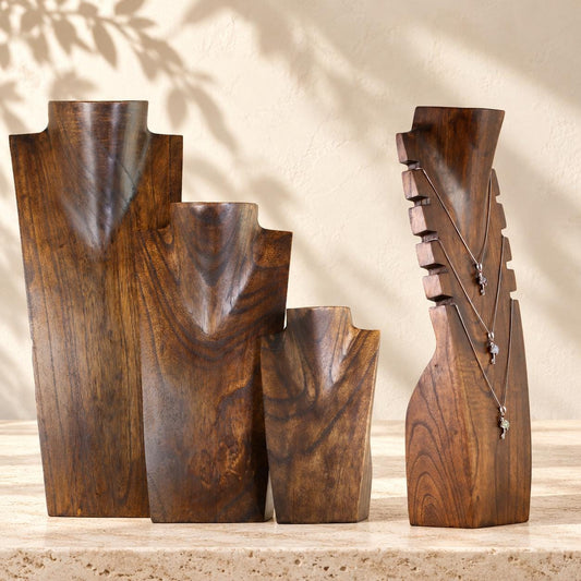 4-Piece Wooden Necklace Display Set, Dark Brown – 20/30/40 cm Busts + 40 cm Multi Necklace Holder