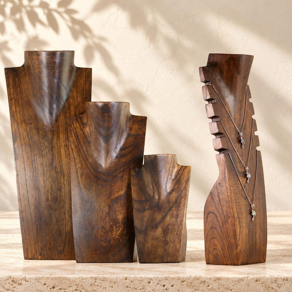 4-Piece Wooden Necklace Display Set, Dark Brown – 20/30/40 cm Busts + 40 cm Multi Necklace Holder
