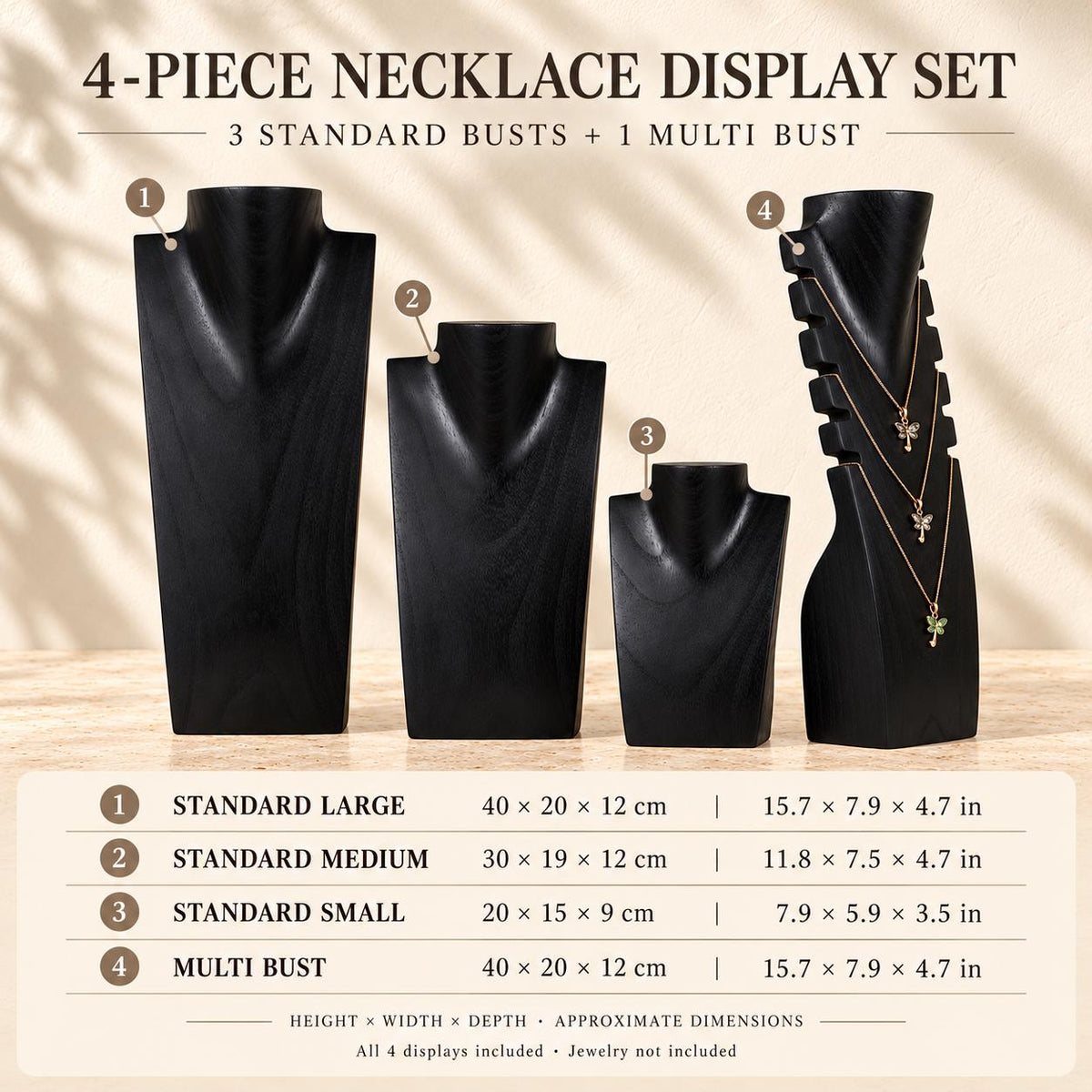 4-Piece Wooden Necklace Display Set, Black – 20/30/40 cm Busts + 40 cm Multi Necklace Holder