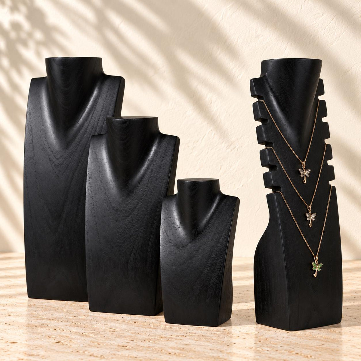 4-Piece Wooden Necklace Display Set, Black – 20/30/40 cm Busts + 40 cm Multi Necklace Holder