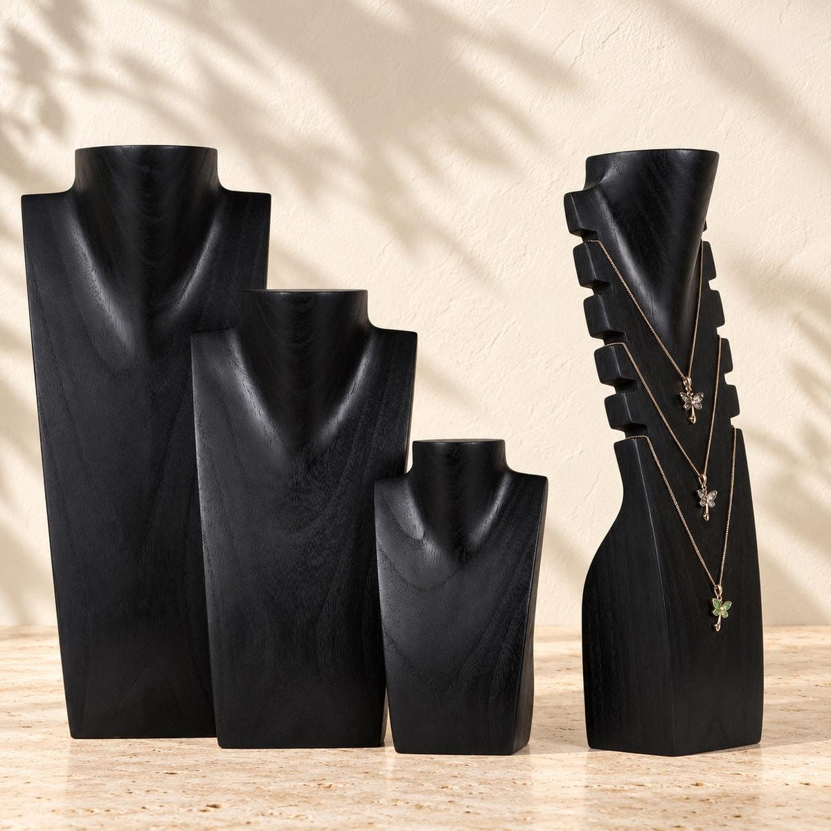 4-Piece Wooden Necklace Display Set, Black – 20/30/40 cm Busts + 40 cm Multi Necklace Holder