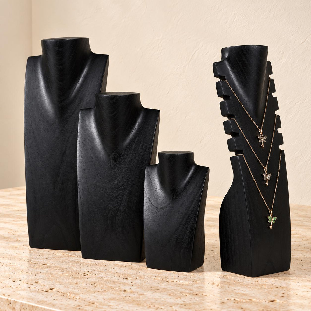 4-Piece Wooden Necklace Display Set, Black – 20/30/40 cm Busts + 40 cm Multi Necklace Holder