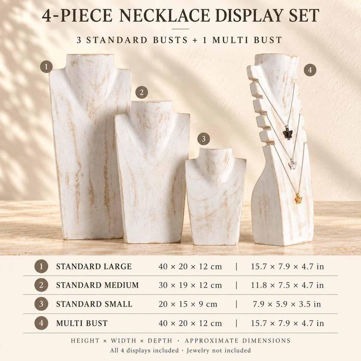 4-Piece Wooden Necklace Display Set, Whitewash – 20/30/40 cm Busts + 40 cm Multi Necklace Holder