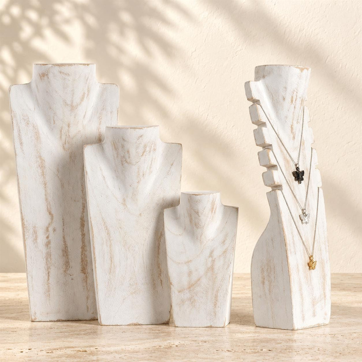 4-Piece Wooden Necklace Display Set, Whitewash – 20/30/40 cm Busts + 40 cm Multi Necklace Holder