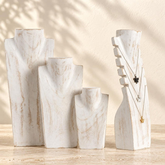 4-Piece Wooden Necklace Display Set, Whitewash – 20/30/40 cm Busts + 40 cm Multi Necklace Holder