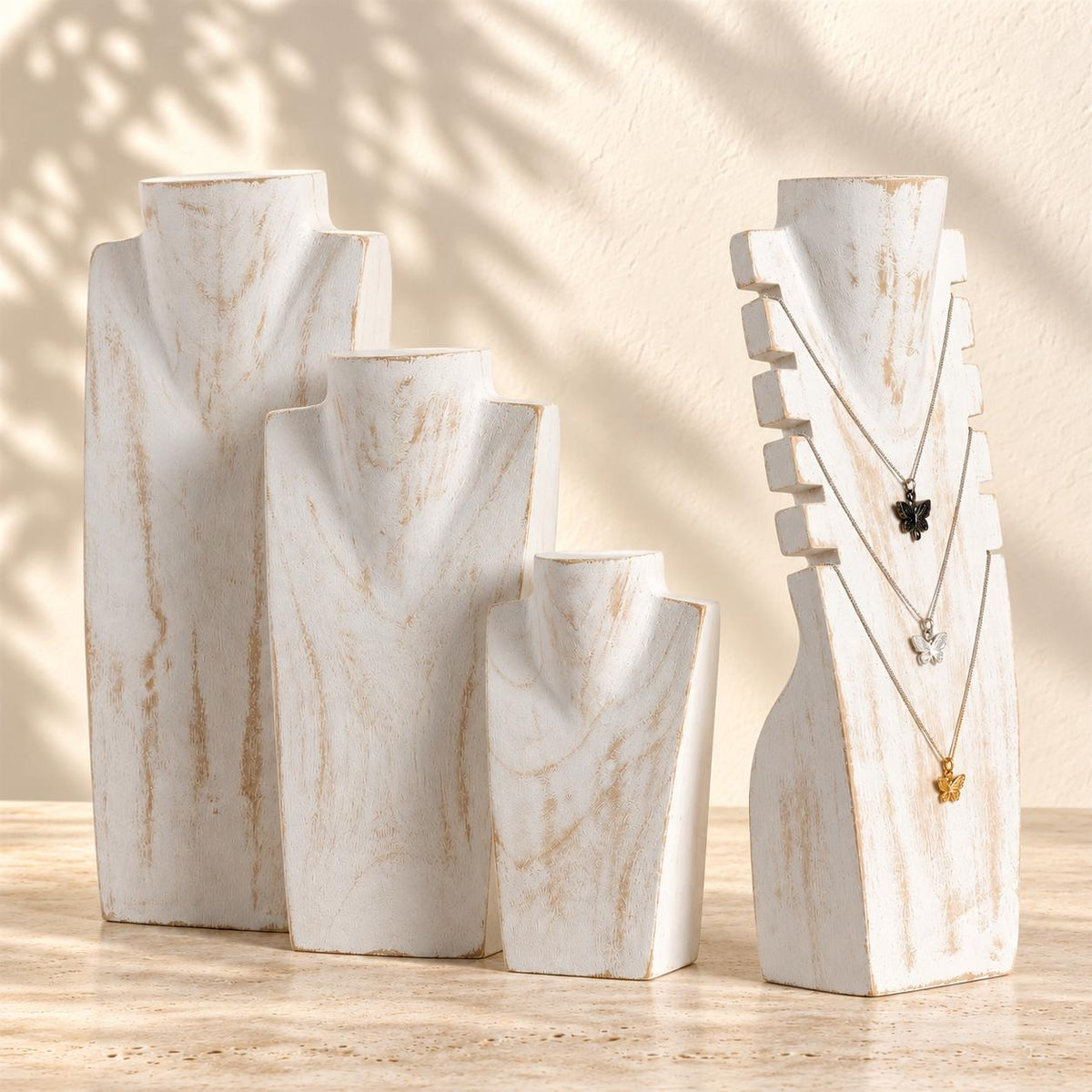 4-Piece Wooden Necklace Display Set, Whitewash – 20/30/40 cm Busts + 40 cm Multi Necklace Holder