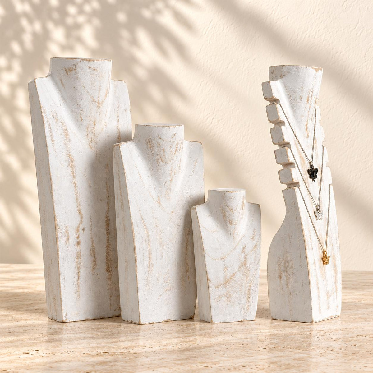 4-Piece Wooden Necklace Display Set, Whitewash – 20/30/40 cm Busts + 40 cm Multi Necklace Holder